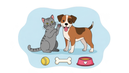Playful cat and dog with toys