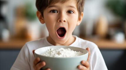 Little boy with mouth open faceless, big bowl of flour, joyful moment, childhood activity, defocused background, with copy space