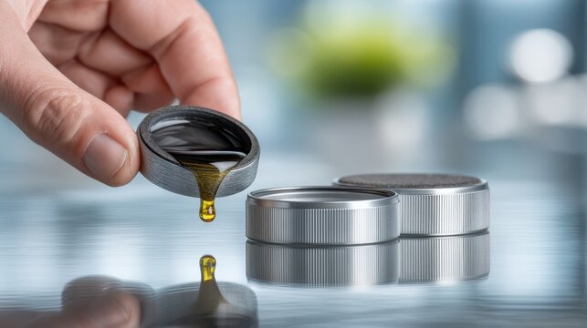 A person holds a cap over a shiny surface, with oil dripping from it. Three metallic containers are visible, reflecting light in a blurred background. - Powered by Adobe