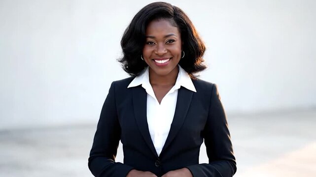 Portrait of a smiling Black woman in a business suit. She has dark hair and earrings