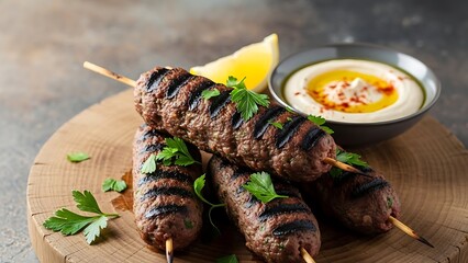 Grilled kebab on wooden board served with hummus and lemon wedge. The delicious kebab skewers are presented in an inviting manner