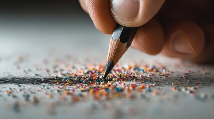 A close-up of a hand holding a pencil, creating a drawing amidst colorful pencil shavings scattered on a surface.