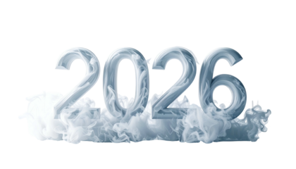 Numeric year 2026, rendered in frosty metal with a billowing mist