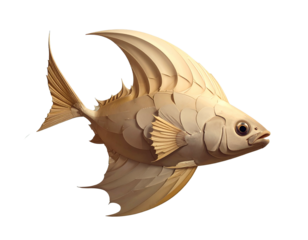 Stylized, beige fish with dramatic fins against a black background