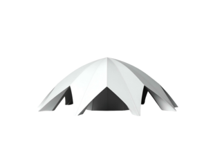 A white, geometric domed structure set against a stark black background