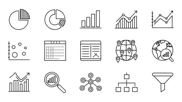 A collection of simple black and white line icons representing various data visualization elements, like charts and maps, suitable for business and analysis