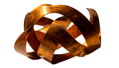 Ornate copper sculpture of interwoven curved strips