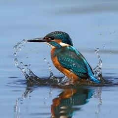 Kingfisher Bird Water Splash Blue Teal Orange with Dynamic Liquid Droplet Ripples