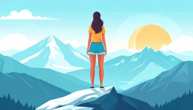 Woman mountain sunrise landscape adventure hiking nature travel freedom horizon woman enjoying sunrise mountain peak, peaceful adventure nature with bright sky, distant snowy ridge and glowing sun - Powered by Adobe