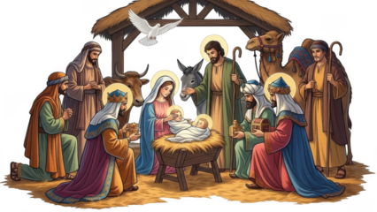 Nativity scene with holy family and adoring figures