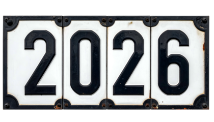 Four rectangular white tiles displaying the year 2026 in black bold digits