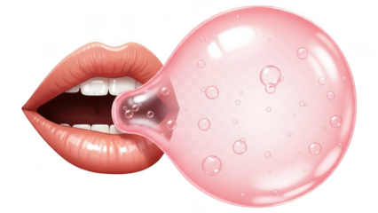 Lips blowing a pink bubble gum