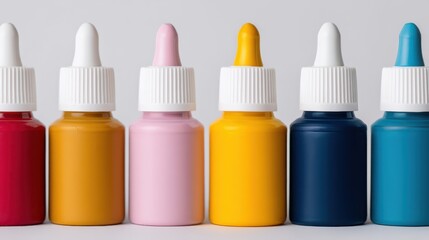 A row of colorful paint bottles, each with a dropper cap, showcasing a vibrant palette perfect for art and creativity.