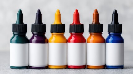 A collection of six vibrant paint bottles lined up, each with a blank label, showcasing a spectrum of colors for creative projects.