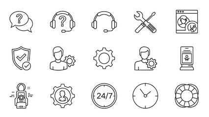 A collection of simple, black and white line drawings representing various service icons help, support, settings, and more