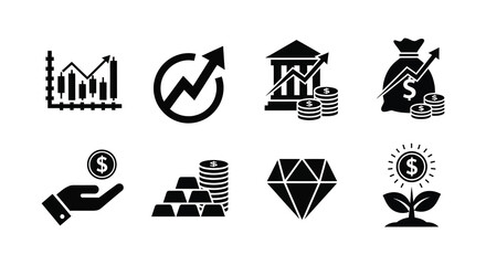 A collection of financial icons representing growth investment and wealth in silhouette
