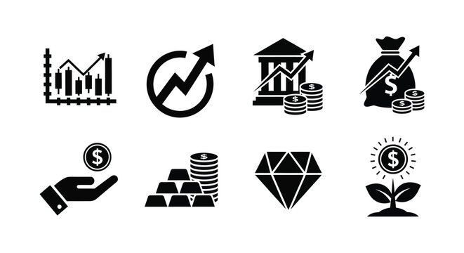 A collection of financial icons representing growth investment and wealth in silhouette