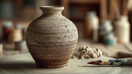 A rustic pottery vase on a pottery wheel, surrounded by art supplies and tools, showcasing the beauty of handmade ceramic art.