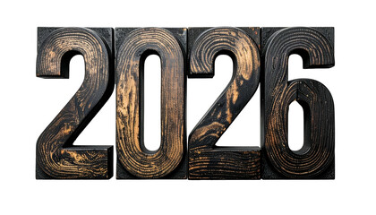 Wooden block numbers spelling "2026" against a stark black background