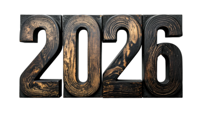 Wooden block numbers spelling "2026" against a stark black background