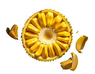 Overhead view of a halved exotic fruit, showing inner yellow segments