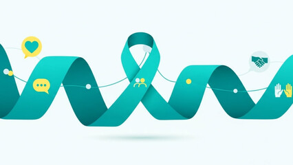 Teal ribbon awareness symbol with social media icons and handshake on white background