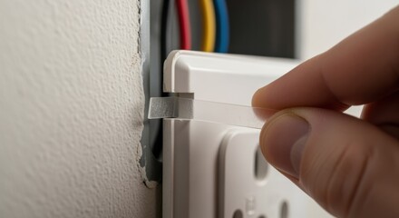 Artistic angle capturing the delicate placement of a lightweight shim spacer behind a loose electrical faceplate for secure fixing.