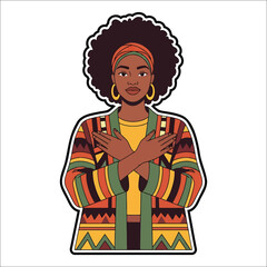 Fototapeta premium Title: A woman with an afro hairstyle wearing a colorful patterned outfit with crossed arms and