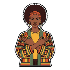 Obraz premium Title: A woman with an afro hairstyle wearing a colorful patterned outfit with crossed arms and