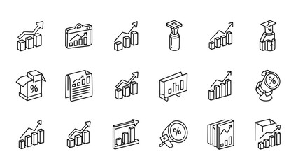 A collection of simple black and white line art illustrations of growth charts and financial icons