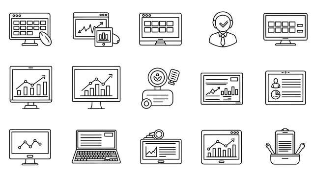 A collection of simple black and white line art icons depicting various business and technology-related symbols and visualizations