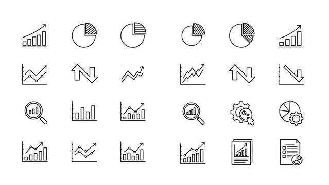 A collection of simple black and white line art icons depicting various charts and graphs. Perfect for business presentations, analysis