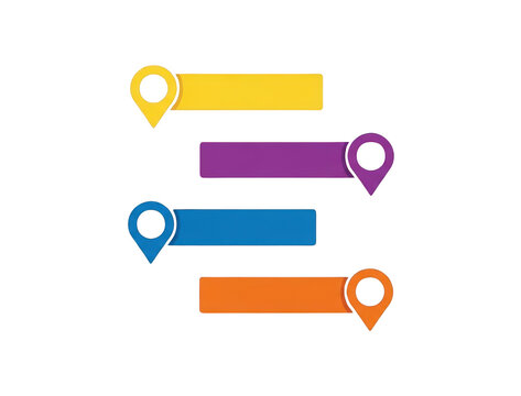 Infographic template set with colorful horizontal ribbons and map pointers on transparent background