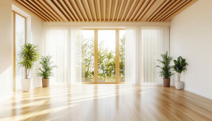Fototapeta premium Empty modern office room flooded with natural light from large windows. Minimalist interior features wooden ceiling and parquet floor