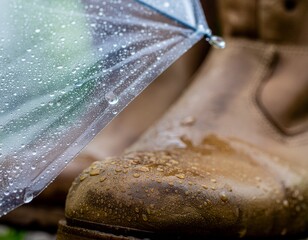Close-up of water droplets on umbrella surface with boots