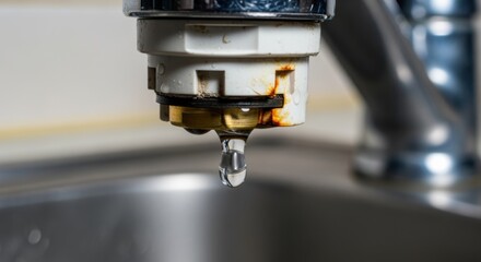 Closeup on a leaking kitchen faucets cartridge as water drips steadily highlighting the need for urgent fix.