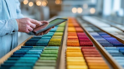 A person analyzes a vibrant assortment of fabric samples using a tablet, showcasing creativity and organization in design.