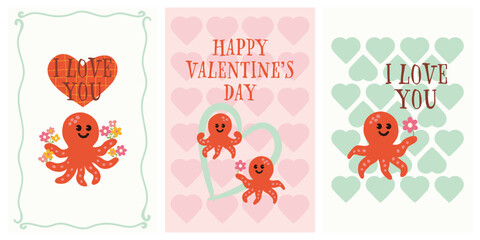 Valentine's day card design template set with cute octopus © KY