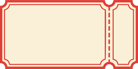 Blank red vintage ticket stub template vector isolated on white. Classic retro-style blank ticket stub with perforated tear line and decorative edges in red colors. events, cinema, theater, raffles. © Mdibrahim