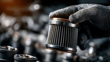 A hand in gloves holds an automotive oil filter, surrounded by various engine components in a workshop setting.
