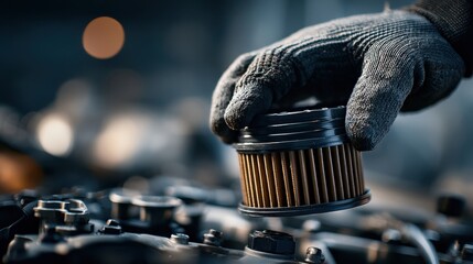 A close-up of a gloved hand holding an oil filter, showcasing automotive maintenance in a workshop setting with tools and machinery in the background.