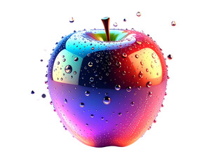 A vibrant, glossy apple with water droplets, reflecting light against black