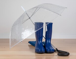 Folded umbrella next to rubber boots with raindrop pattern