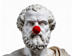 Headshot of weathered stone Socrates bust wearing clown nose