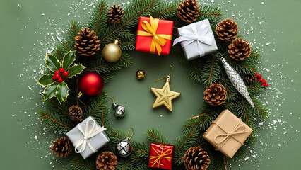 Holiday wreath with gifts and decorations