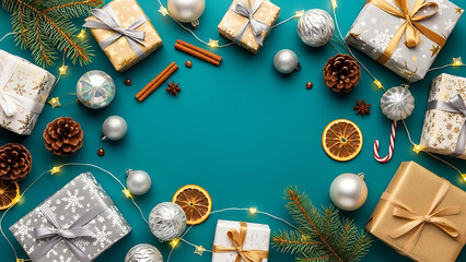 Holiday gift arrangement on teal background