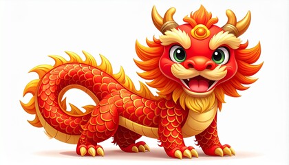 Fototapeta premium Cute cartoon style Chinese Liong dragon, full body, bright festive colors, red and gold scales, friendly expression, smooth clean lines, isolated on white background, high resolution, stock illustrati