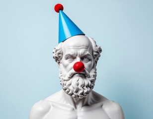Minimal aesthetic photo of marble Socrates bust with party hat