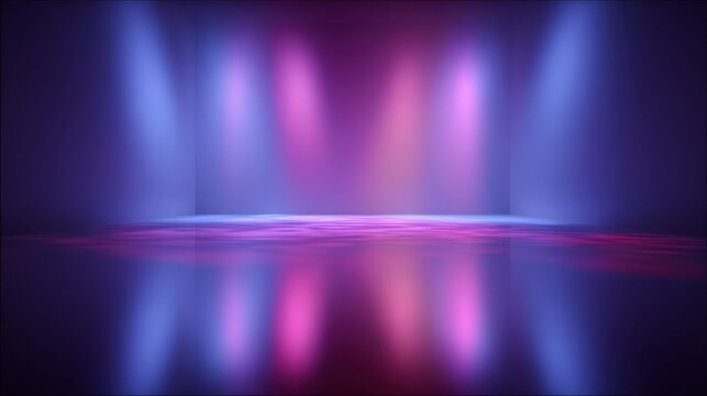 Vibrant and Colorful Stage Lighting with Reflections in a Dimly Lit Room Ideal for Performing Arts, Dance Shows, and Event Backgrounds