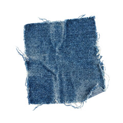 Distressed blue denim fabric patch with frayed edges